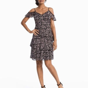 White House Black Market Black Lace Floral Tiered Mini Dress Size 6